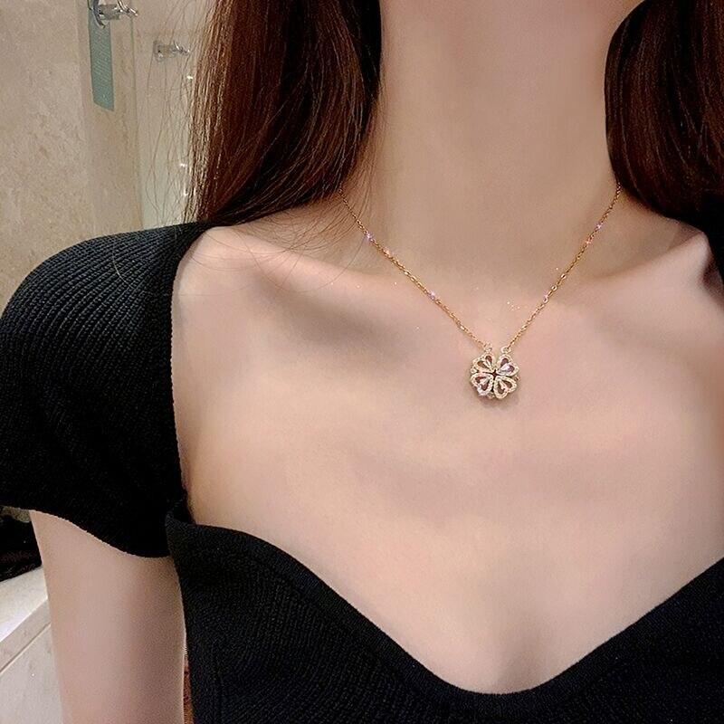 Gold Plated Magnetic Four Heart Clover Necklace